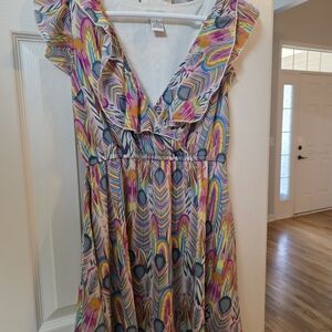 Ultra Pink Multicolor Feather Pattern Dress Boho Size Small
